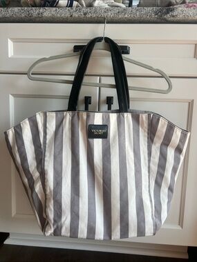 Victoria's Secret Gray and White Striped Canvas Tote with Black Handles